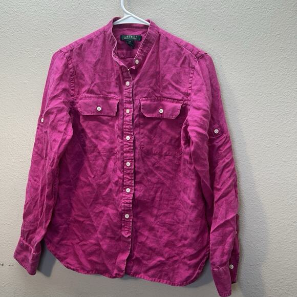 LRL Ralph Lauren 100% Linen Button Up Roll Tab Shirt Top Pink SZ S Western Prep - Picture 1 of 4